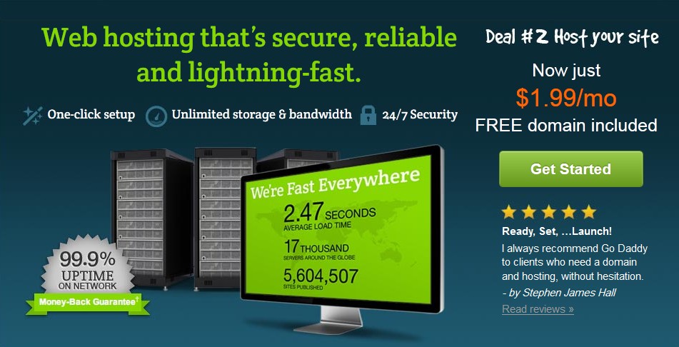 godaddy-199-webhosting-free-domain godaddy 1.99美元/月虚拟主机+送免费域名