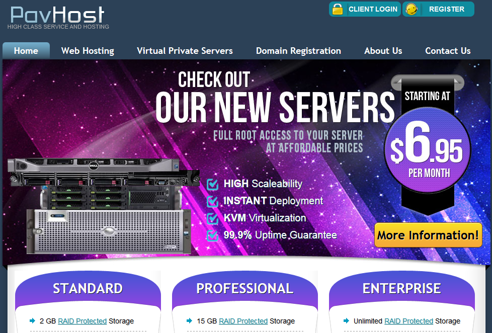 pavhost pavhost-1g内存/40g硬盘/750g流量/kvm/月付6.95美元