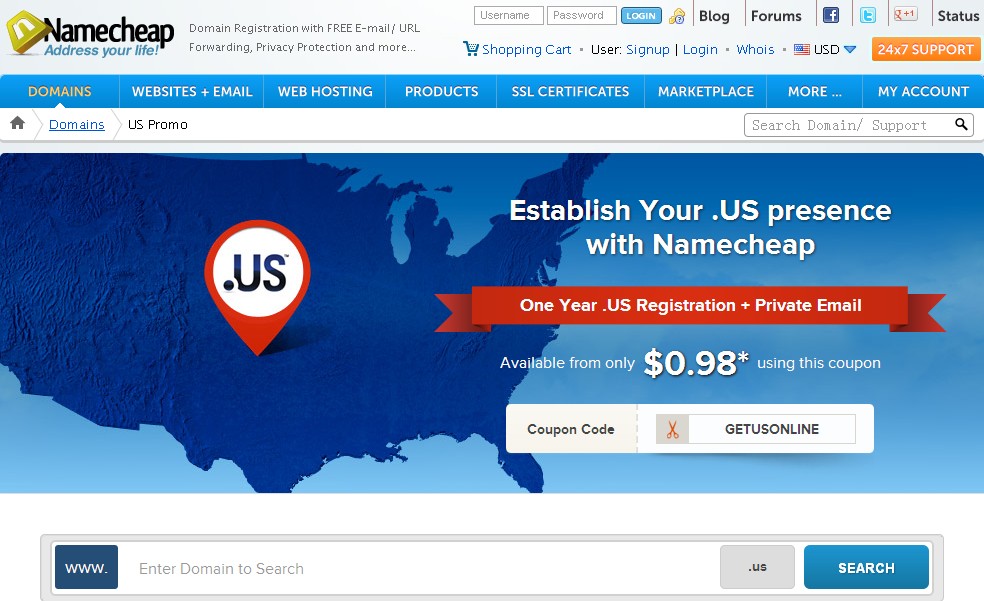 N-US Namecheap-0.98美元注册us域名(每人限额5个)