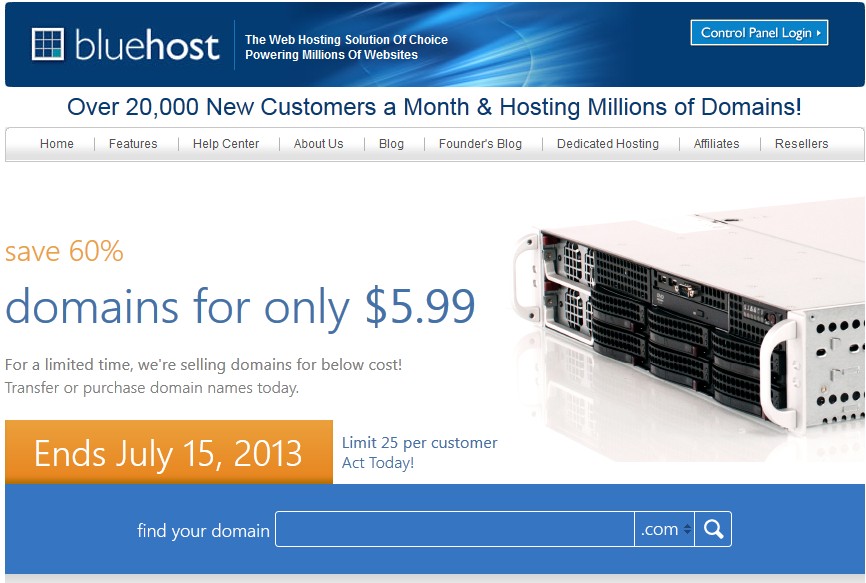bluehost-新注册或者转移域名5.99美元-国外主机测评