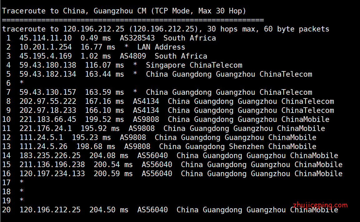 j11 给大家看看南非cn2 gia网络--简单测评justg的南非 cn2 gia VPS