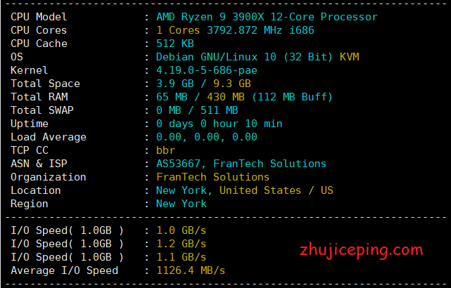 简单测评buyvm纽约机房的“AMD Ryzen 9 3900X+DDR4+SSD”最低配VPS