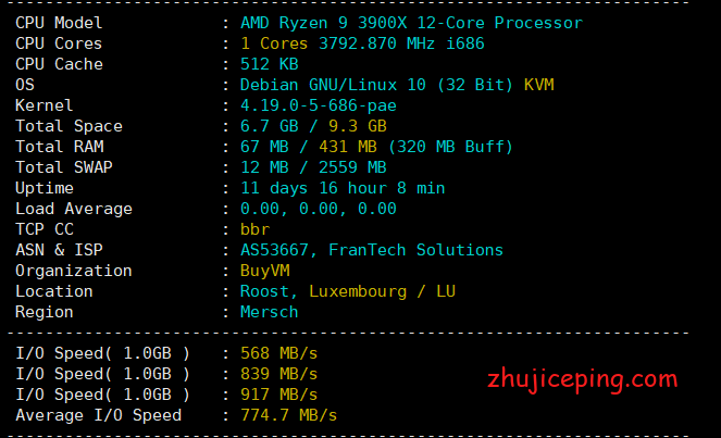 lu1 简单测评buyvm“卢森堡”机房的高性能VPS，低至$2/月，Ryzen 9 3900x+DDR4+SSD+1G带宽不限流量