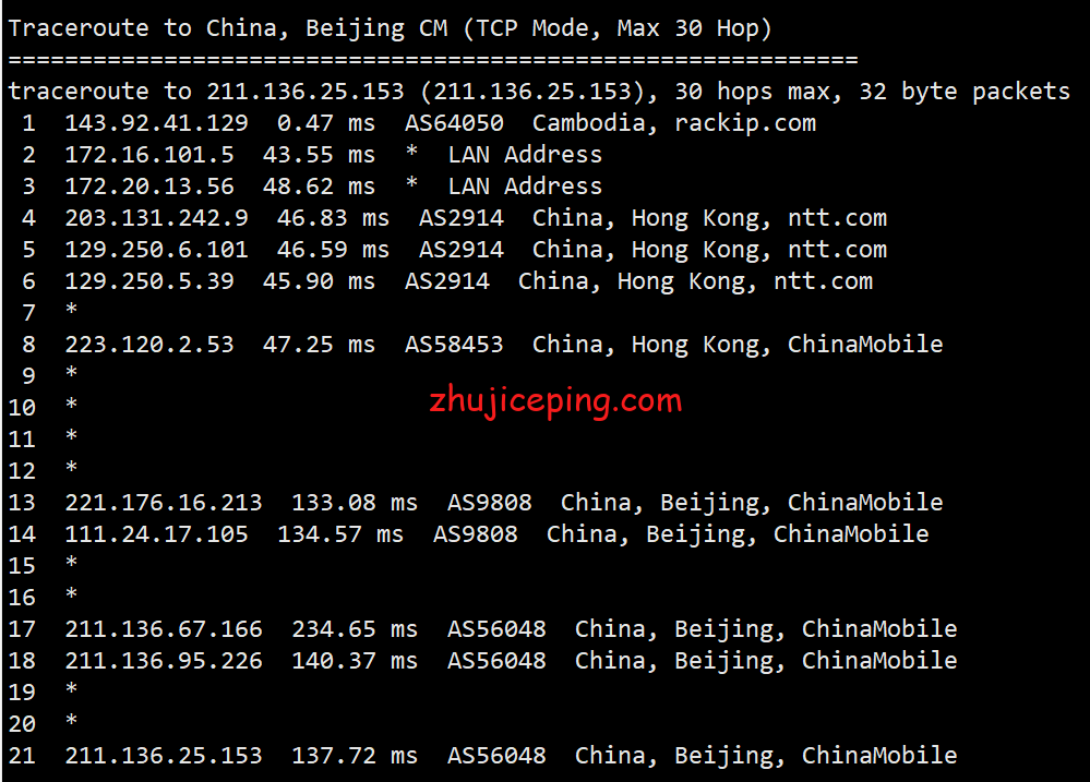 tjpz15 totyun：柬埔寨CN2 VPS简单测评，电信双程CN2，联通和移动也优化得很到位