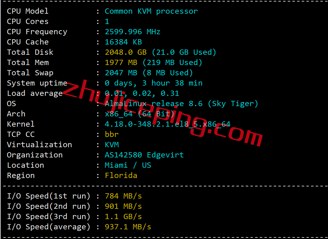 ev1 简单测评下edgevirt的迈阿密VPS：IP能解锁多种流媒体，$4/月，1T硬盘/50T流量/40g带宽