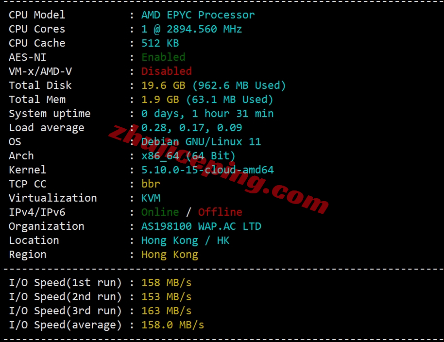 waphk1 wap.ac香港vps怎么样？实测下"AMD EPYC平台/千兆带宽/$5起"的香港VPS