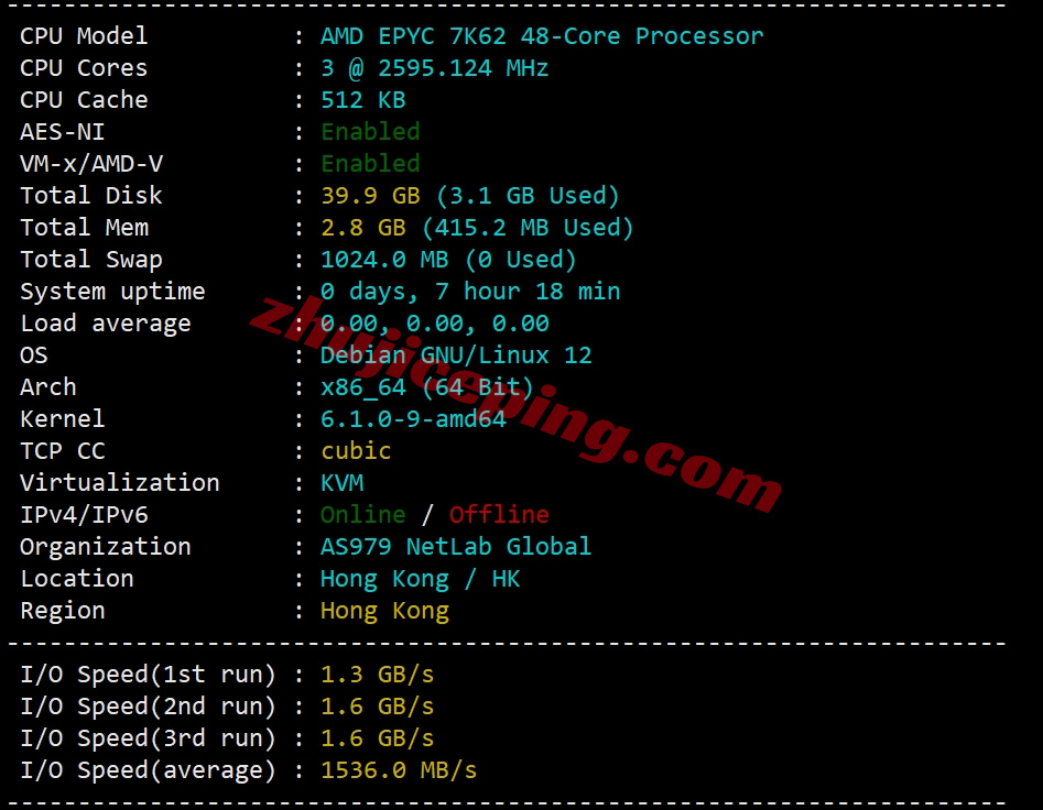 bghkp1 详细测评bitsflowcloud香港三网直连的AMD高性能VPS(低至15.99/月)