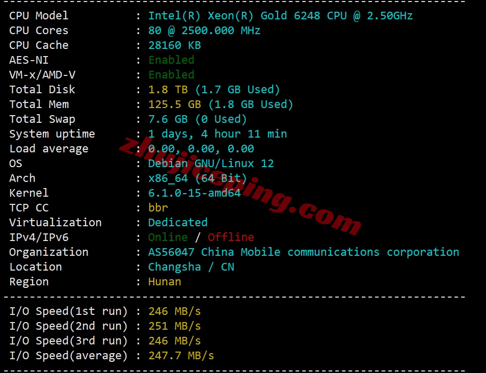 zjihnyd1 ZjiNet湖南移动：600元/月，Gold 6248/64G内存/50M带宽（有测评数据）