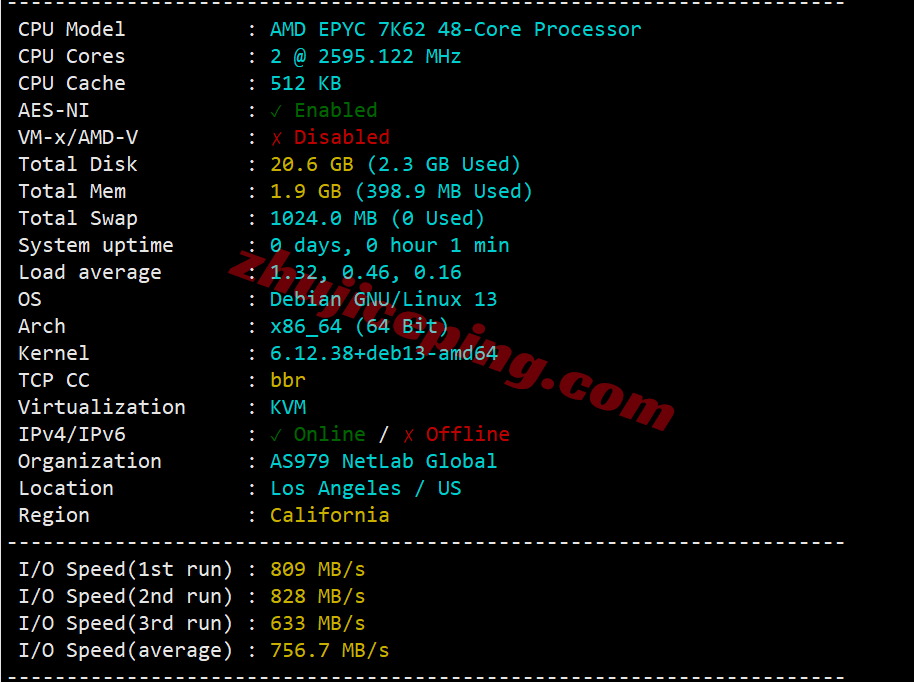 zgolato1 zgovps之“Los Angeles AMD Optimised VPS”测评，原生IP能解锁流媒体/性能强劲/网络给力