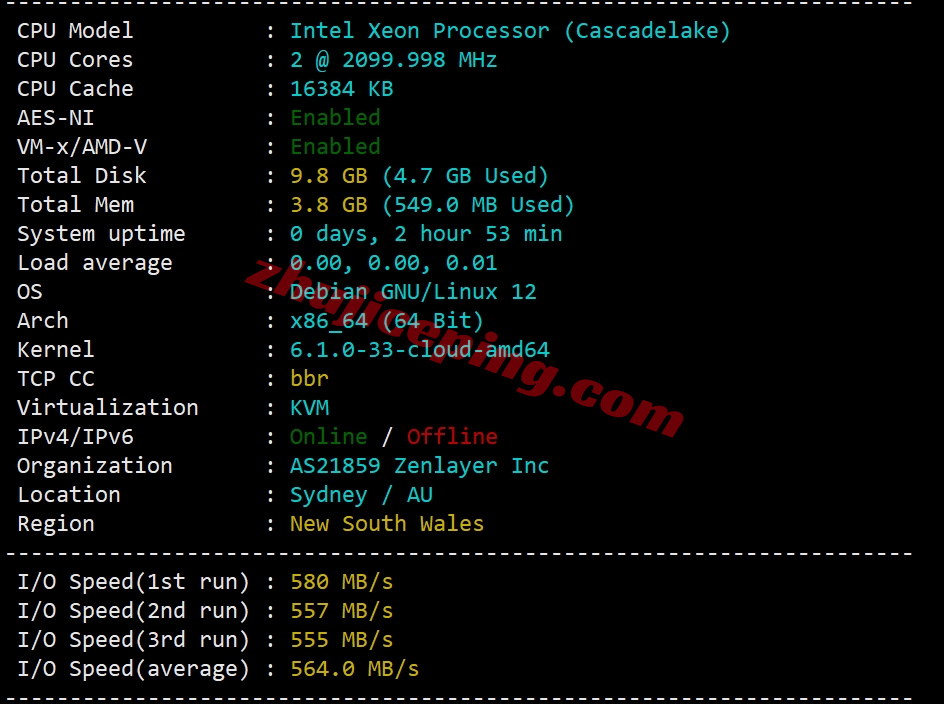 zlsydney1 zenlayer澳大利亚云服务器测评，10G超大带宽，解锁流媒体效果好
