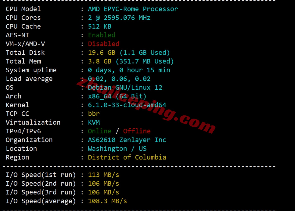 zlwdc1 zenlayer美国华盛顿云服务器测评，大带宽/原生美国IP解锁TikTok等