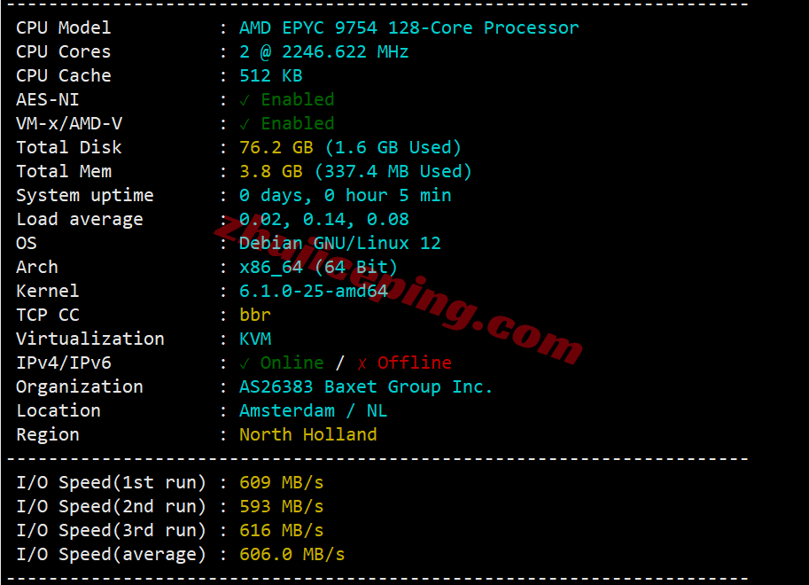 jh4ams1 justhost荷兰VPS(ams4机房)测评，高性能配置，解锁TikTok等流媒体