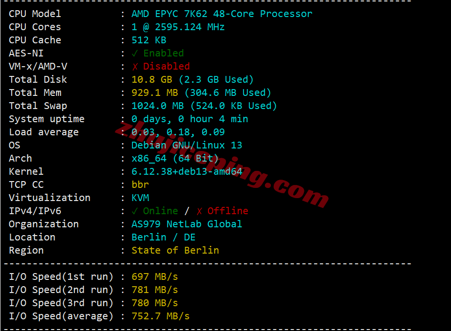 z9de1 zgovps德国优化VPS测评,三网AS9929高速不卡,AMD平台性能强劲